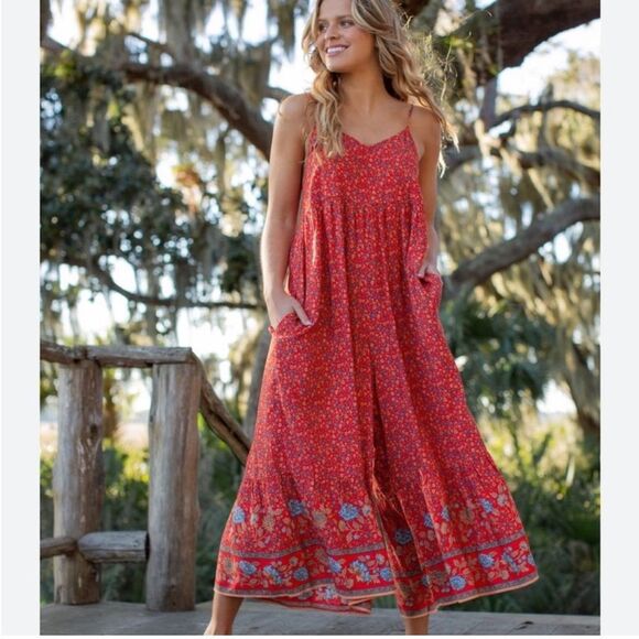NATURAL LIFE Red and Blue Floral “Zoe” bohemian jumpsuit size XS- EUC! - Picture 1 of 11